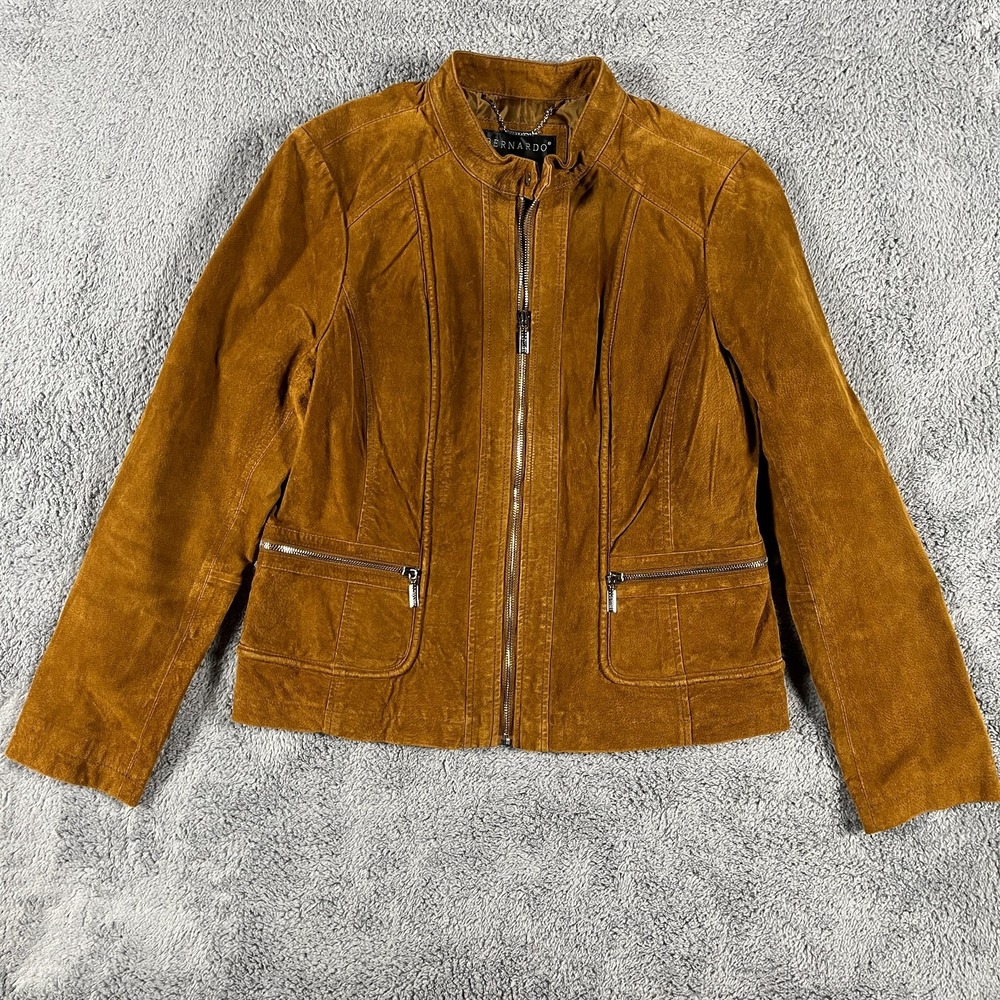 Bernardo Suede Leather Racer Jacket Women Large Brown Lined Long Sleeve Full Zip